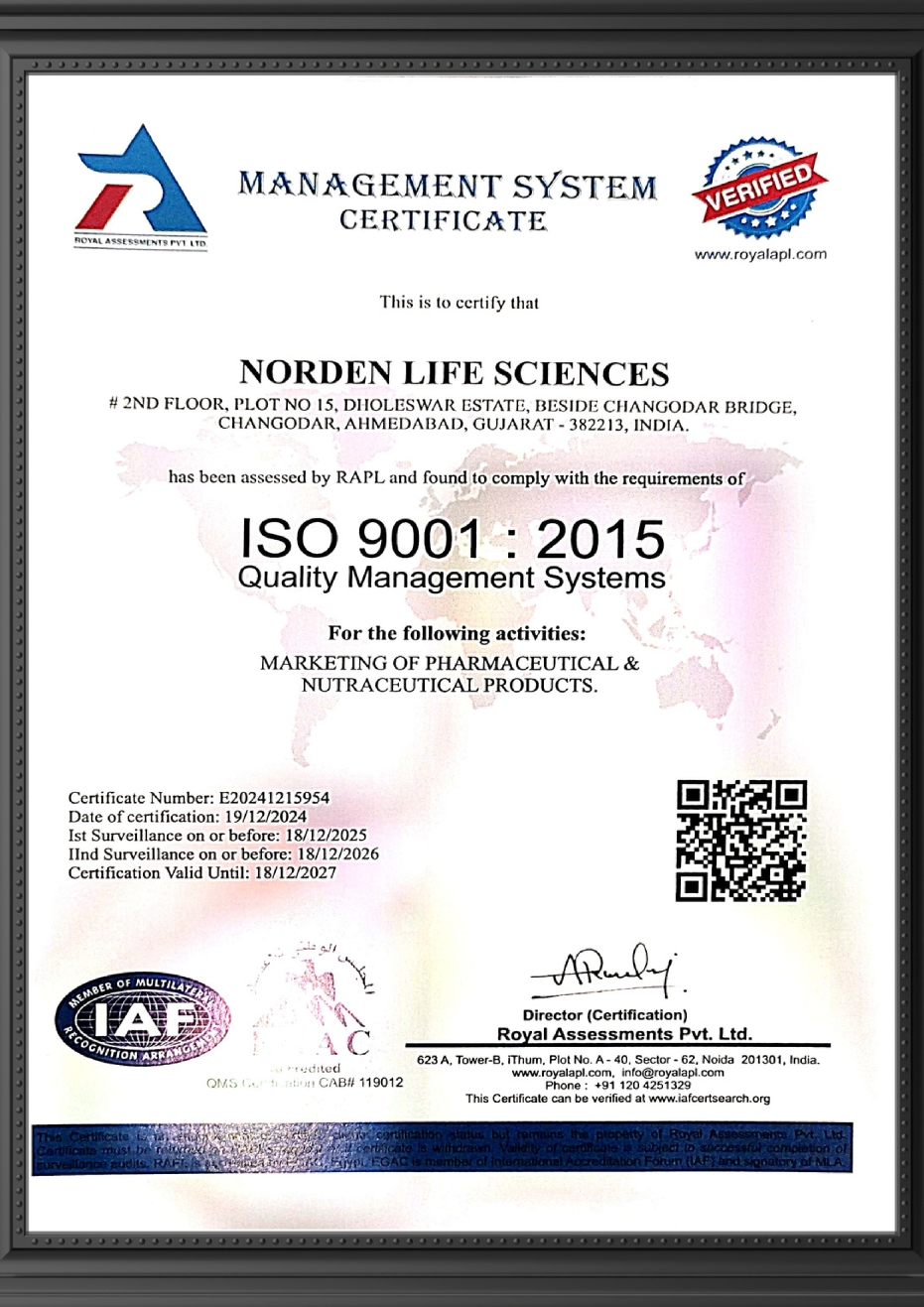 ISO 9001:2015 Quality Management System Certificate awarded to Norden Life Sciences for pharmaceutical and nutraceutical product marketing in Ahmedabad India