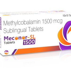 MECONOR-SL-1500 Tablets containing Methylcobalamin IP 1500 mcg for vitamin B12 supplementation, nerve function support and healthy red blood cell formation.